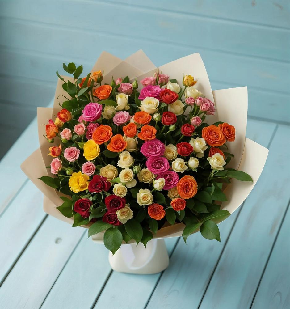 Букет Микс из разноцветных кустовых роз в Тихорецке
